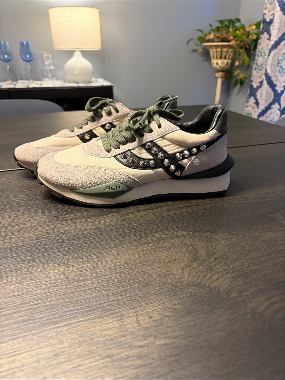 ASH Spider Studs Sneakers Off White Green Suede Fabric Trainers Size 38 US 8